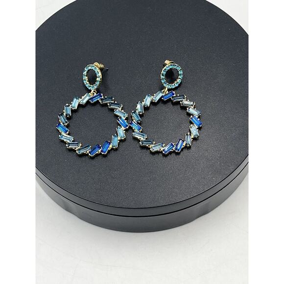 Lulus Blue Without You Blue Hues Rhinestone Statement Earrings Signed Disc Back - Picture 4 of 14